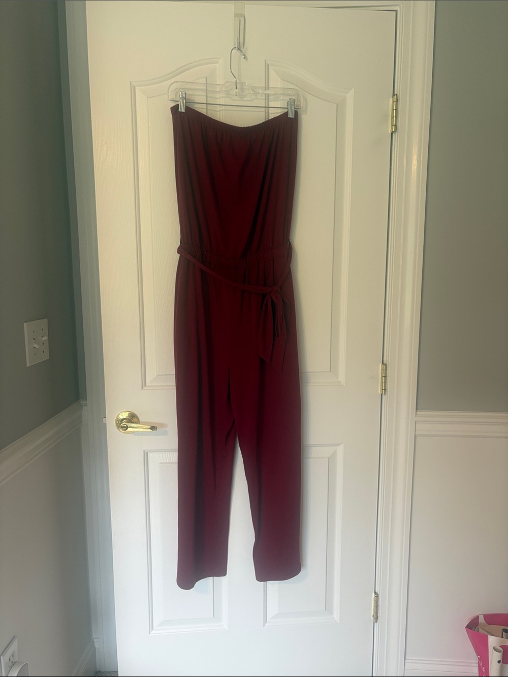 Strapless Burgundy Jumpsuit with Self Tie Waist